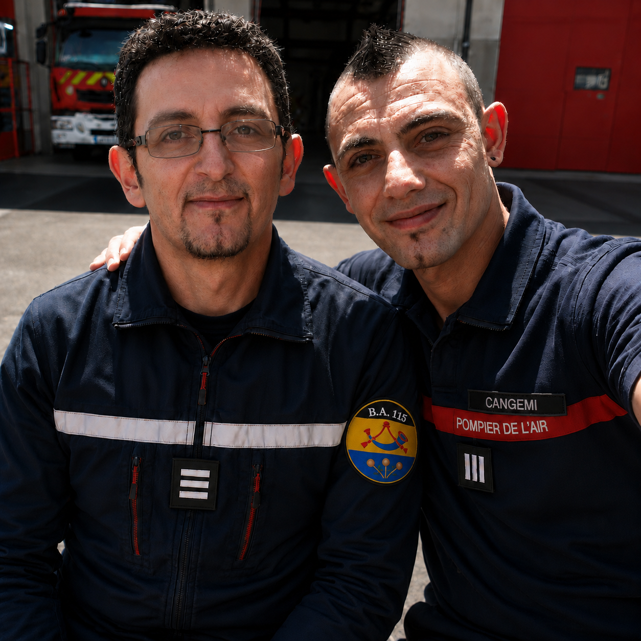 Sébastien Cangemi en tenue de pompier de l’air, avec un collègue